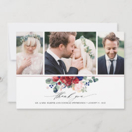 Cartão De Agradecimento Bourgundia e Marinho Blue Floral Casamento 3 Fotos