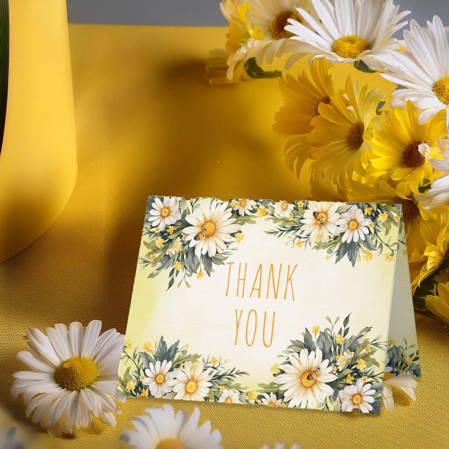 Cartão De Agradecimento Branca | Chá de fraldas Floral do Daisies Amarelo (Little Daisy Theme Yellow, White and Green Daisies Floral Folded "Thank You" Card)