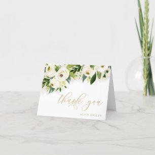 Cartão De Agradecimento Branco e Dourada Aquarela Floral Personalizada