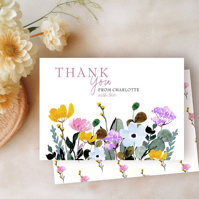 Cartão de Agradecimento Branco Personalizado com R (Thank You cards from my Wildflower Lawn Baby Shower Collection)