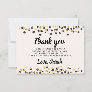 Cartão De Agradecimento Branco Preto Dourado Confete Aniversário Obrigado