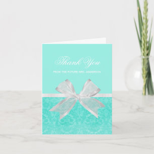 Cartão De Agradecimento Bridal Shower Thank You Chic Aqua Damask White Bow