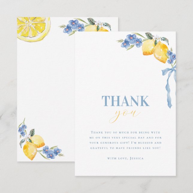 Cartão De Agradecimento Bright Italian Blue Bow Lemon Floral Bridal Shower (Frente/Verso)