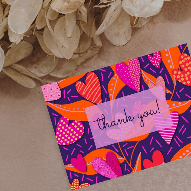 Cartão De Agradecimento Bright Pink Hearts Pattern Business (Vibrant floral pattern Thank You card for any occasion.)