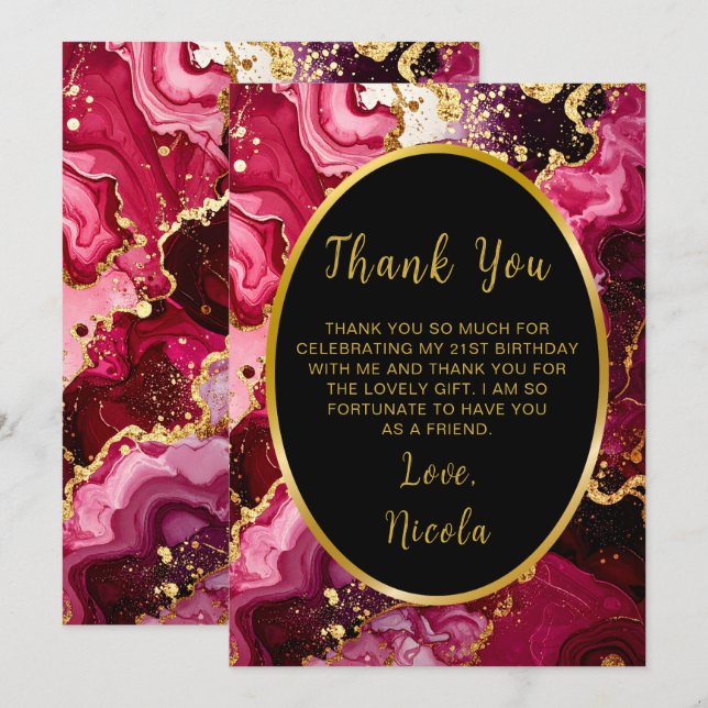 Cartão De Agradecimento Bright Red and Gold Marble Agate Birthday Party (Frente/Verso)