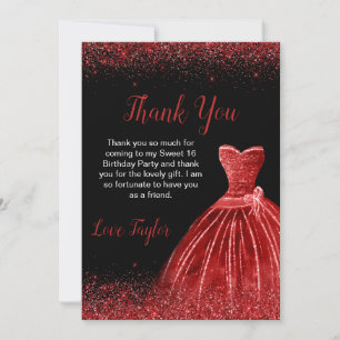 Cartão De Agradecimento Bright Red Dress Faux Glitter Sweet 16 Aniversário
