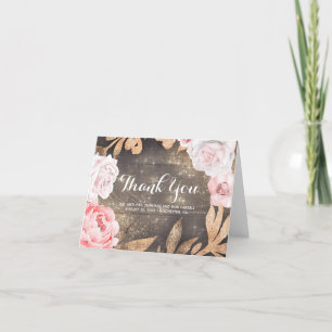 Cartão De Agradecimento Brilho Dourado e flores cor-de-rosa que Wedding o