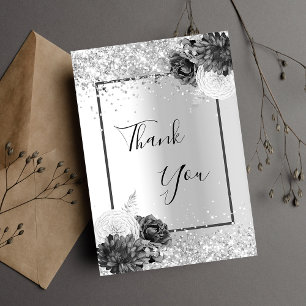 Cartão De Agradecimento Brilho floral prateado elegante glamoroso