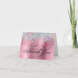Cartão De Agradecimento Brilho Holográfico Falso Glitter Rosa Folha