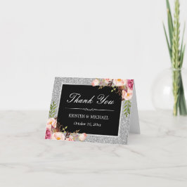 Cartão De Agradecimento Brilho Prateado Faísca Decoração Floral Obrigado