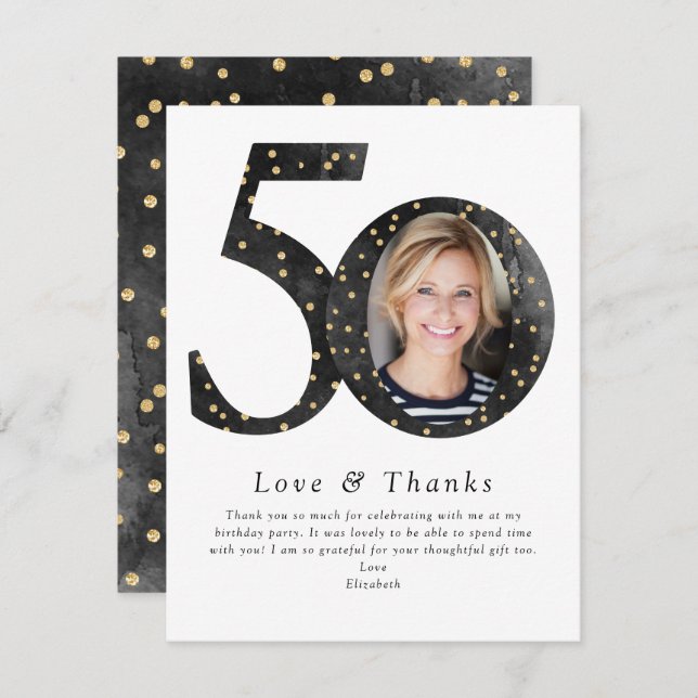 Cartão De Agradecimento Brilho preto 50 e fotos fabulosas (Frente/Verso)