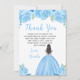 Cartão De Agradecimento Brown Hair Princess Blue Floral Sweet Sixteen 