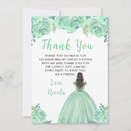 Cartão De Agradecimento Brown Hair Princess Mint Floral Sweet Sixteen 
