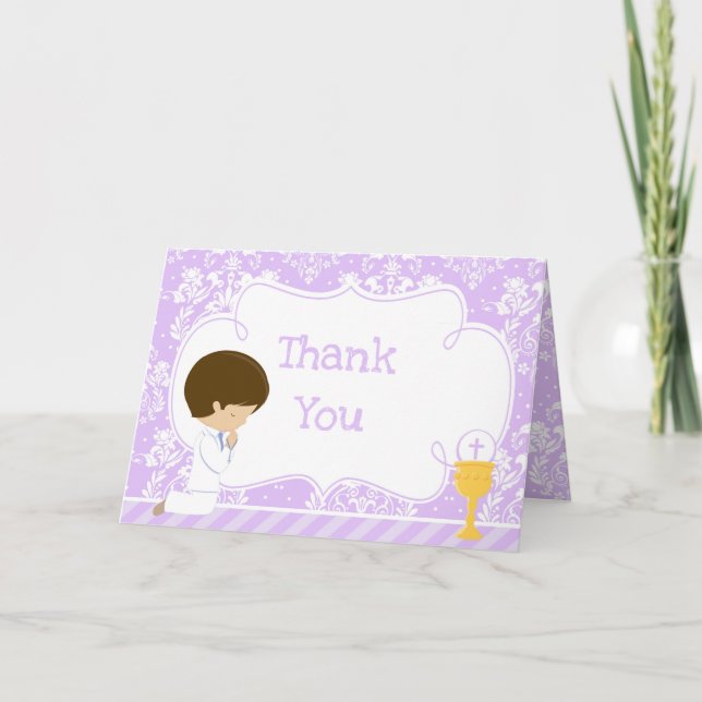 Cartão De Agradecimento Brunette Boy First Communion Damask 'Obrigado' (Frente)