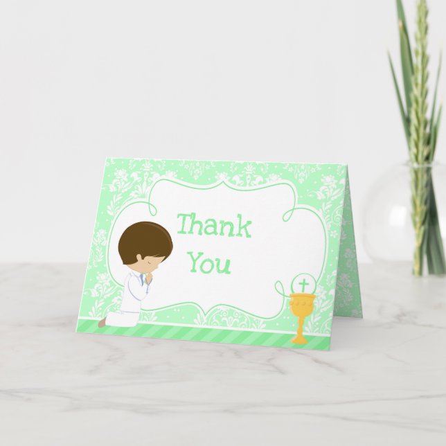 Cartão De Agradecimento Brunette Boy First Communion Damask 'Obrigado' (Frente)