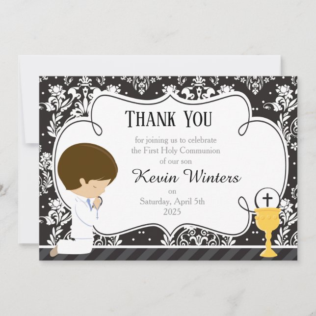 Cartão De Agradecimento Brunette Boy First Communtion Damask (Frente)