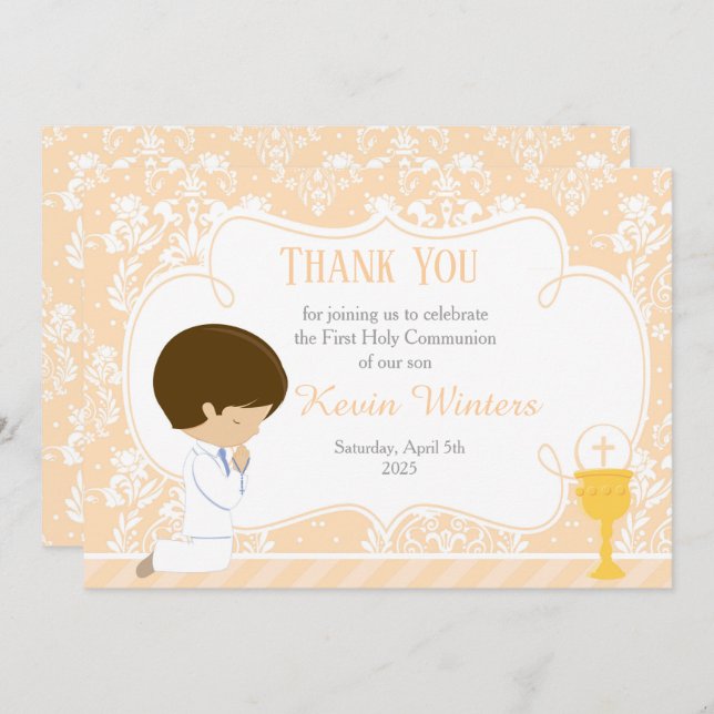Cartão De Agradecimento Brunette First Communion Damask (Frente/Verso)