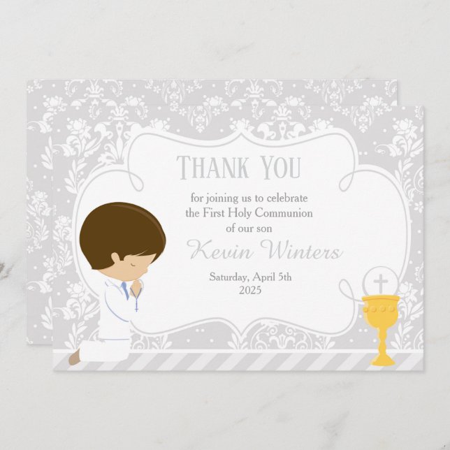 Cartão De Agradecimento Brunette First Communion Damask (Frente/Verso)