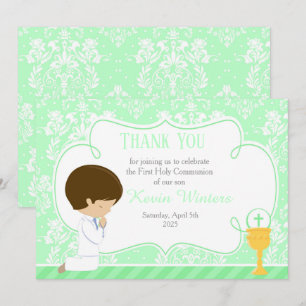Cartão De Agradecimento Brunette First Communion Damask