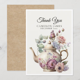 Cartão De Agradecimento Bule de Chá em Aquarela Elegante Festa de Chá Flor
