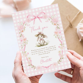 Cartão De Agradecimento Bunny Pink Bow Gingham Baby Shower