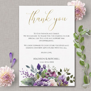 Cartão De Agradecimento Buquê de Aquarela Violeta Roxa com Grafia Dourada