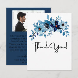 Cartão De Agradecimento Buquê de Flores em Aquarela Azul Empoeirado Elegan