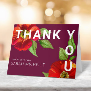 Cartão De Agradecimento Burgundy Bat Mitzvah Red Floral Watercolor Moderna