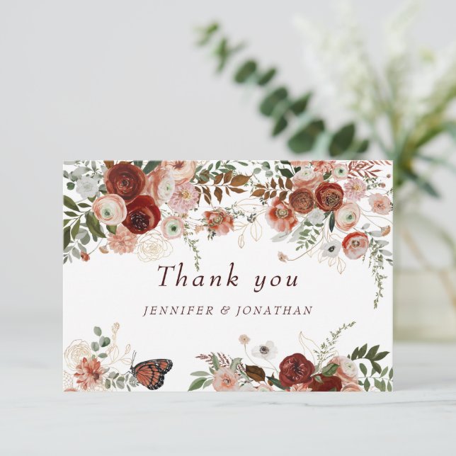 Cartão De Agradecimento Burgundy Boho Dourada Floral Watercolor (Em pé/Frente)