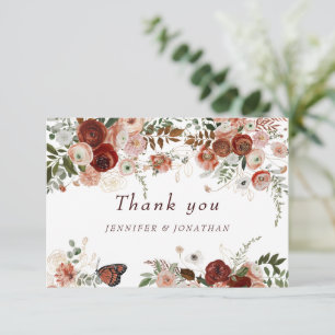 Cartão De Agradecimento Burgundy Boho Dourada Floral Watercolor
