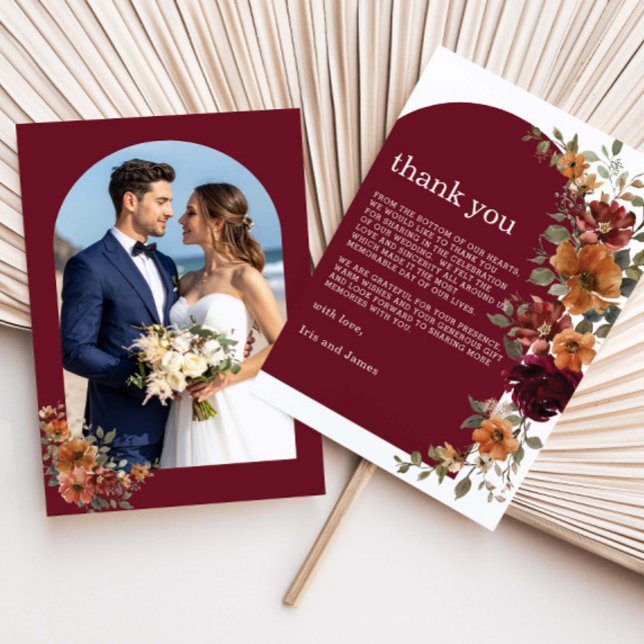 Cartão De Agradecimento Burgundy Burnt Orange Rust Floral Wedding Photo (Criador carregado)