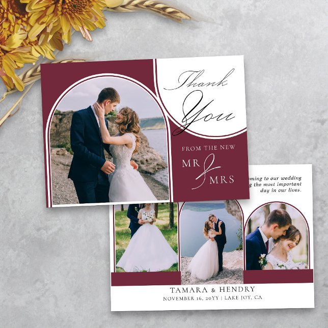 Cartão De Agradecimento Burgundy da Caligrafia Elegante com Fotografias Mú (Arched photo burgundy wedding thank you card from my Wedding Colors collection)