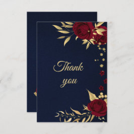 Cartão De Agradecimento burgundy dourado floral azul-marinho