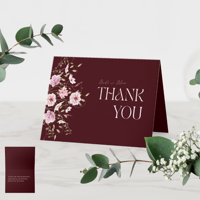 Cartão De Agradecimento Burgundy Floral Bridal Shower Thank You Card  (Criador carregado)