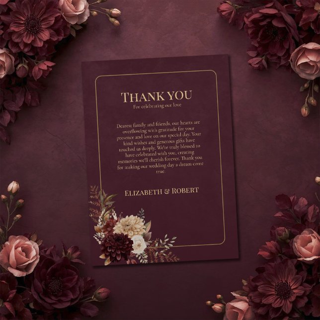 Cartão De Agradecimento Burgundy Floral Gothic Wedding Thank You Card (Burgundy Floral Gothic Wedding Thank You Card on a burgundy witchy wedding table with flowers)