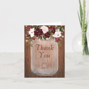 Cartão De Agradecimento Burgundy Floral Rustic Wood Mason Jar Weding