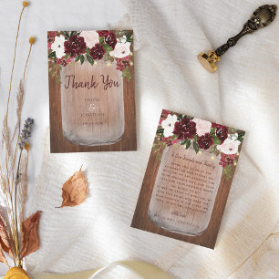 Cartão De Agradecimento Burgundy Floral Rustic Wood Mason Jar Weding