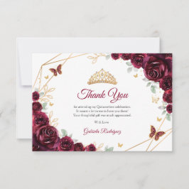 Cartão De Agradecimento Burgundy Gold Floral Quinceanera