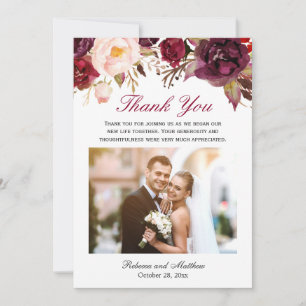 Cartão De Agradecimento Burgundy Marsala Foto De Casamento Floral Obrigado