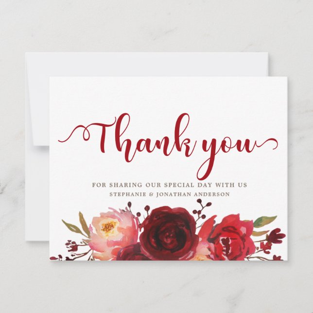 Cartão De Agradecimento Burgundy Marsala Rosas vermelhas Floral Obrigado (Frente)