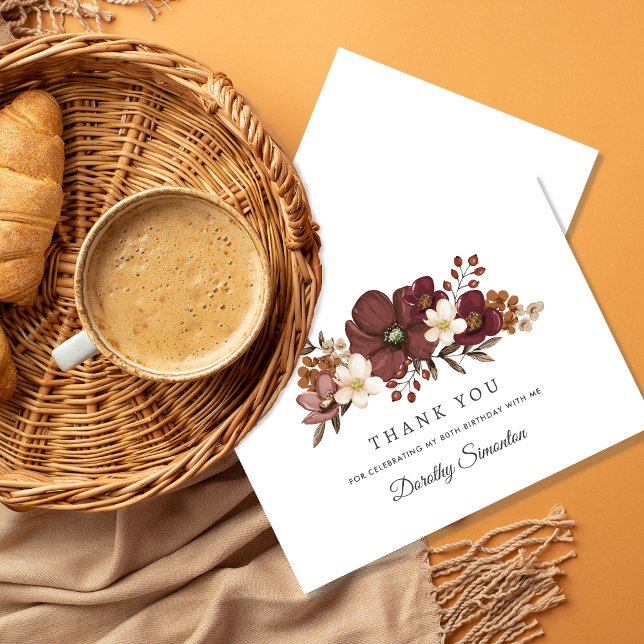 Cartão De Agradecimento Burgundy Mauve Ivory Fall 80 Birthday Flat (Criador carregado)