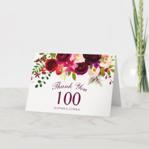 Cartão De Agradecimento Burgundy Red Floral Boho 100º Aniversário Obrigado