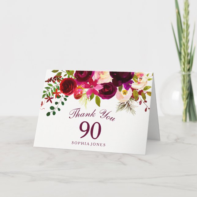 Cartão De Agradecimento Burgundy Red Floral Boho 90 Aniversário Obrigado (Frente)