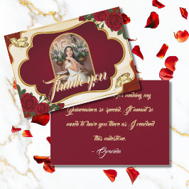 Cartão De Agradecimento Burgundy Red & Gold Rose Quinceañera Photo