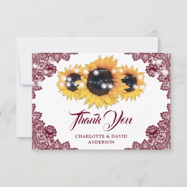 Cartão De Agradecimento Burgundy Rustic Floral Lace Sunflower Wedding (Frente)
