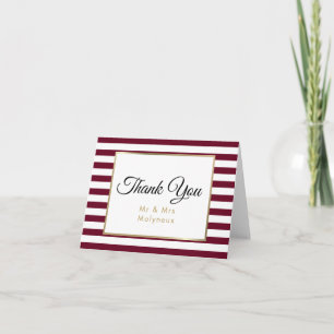 Cartão De Agradecimento Burgundy Stripe   Faux Gold Foil Wedding Thank You