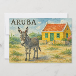 Cartão De Agradecimento Burro de Aruba com casa de cunucu amarelo aquarela