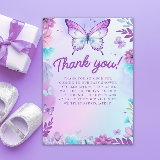 Cartão De Agradecimento Butterfly Baby Shower Girl with Purple flowers (Criador carregado)
