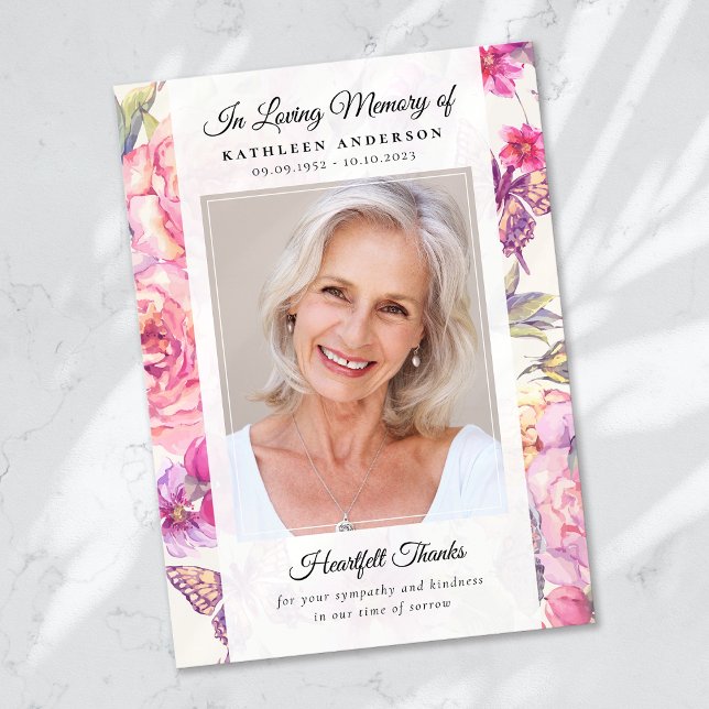 Cartão De Agradecimento Butterfly Floral Photo Keepsasaul Memorial Funeral (Criador carregado)