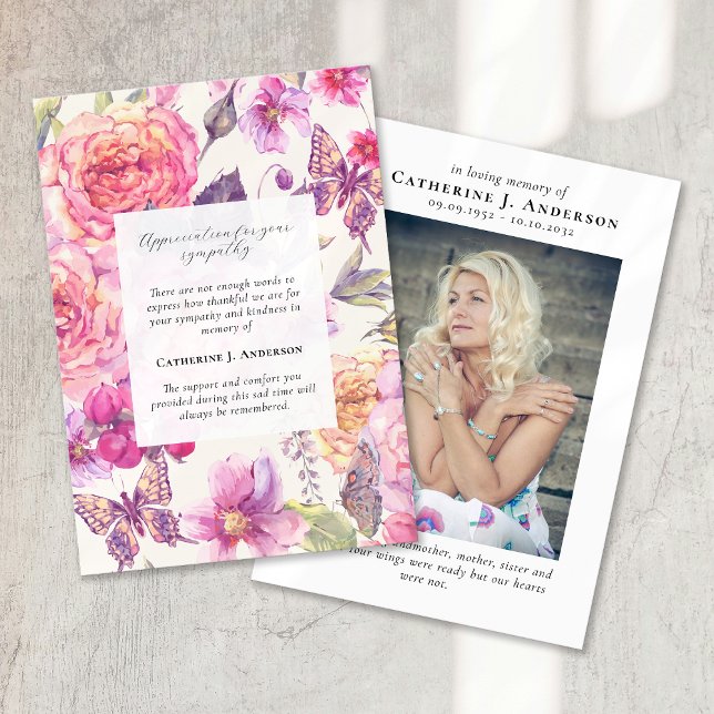 Cartão De Agradecimento Butterfly Floral Photo Sympathy Funeral Memorial (Criador carregado)